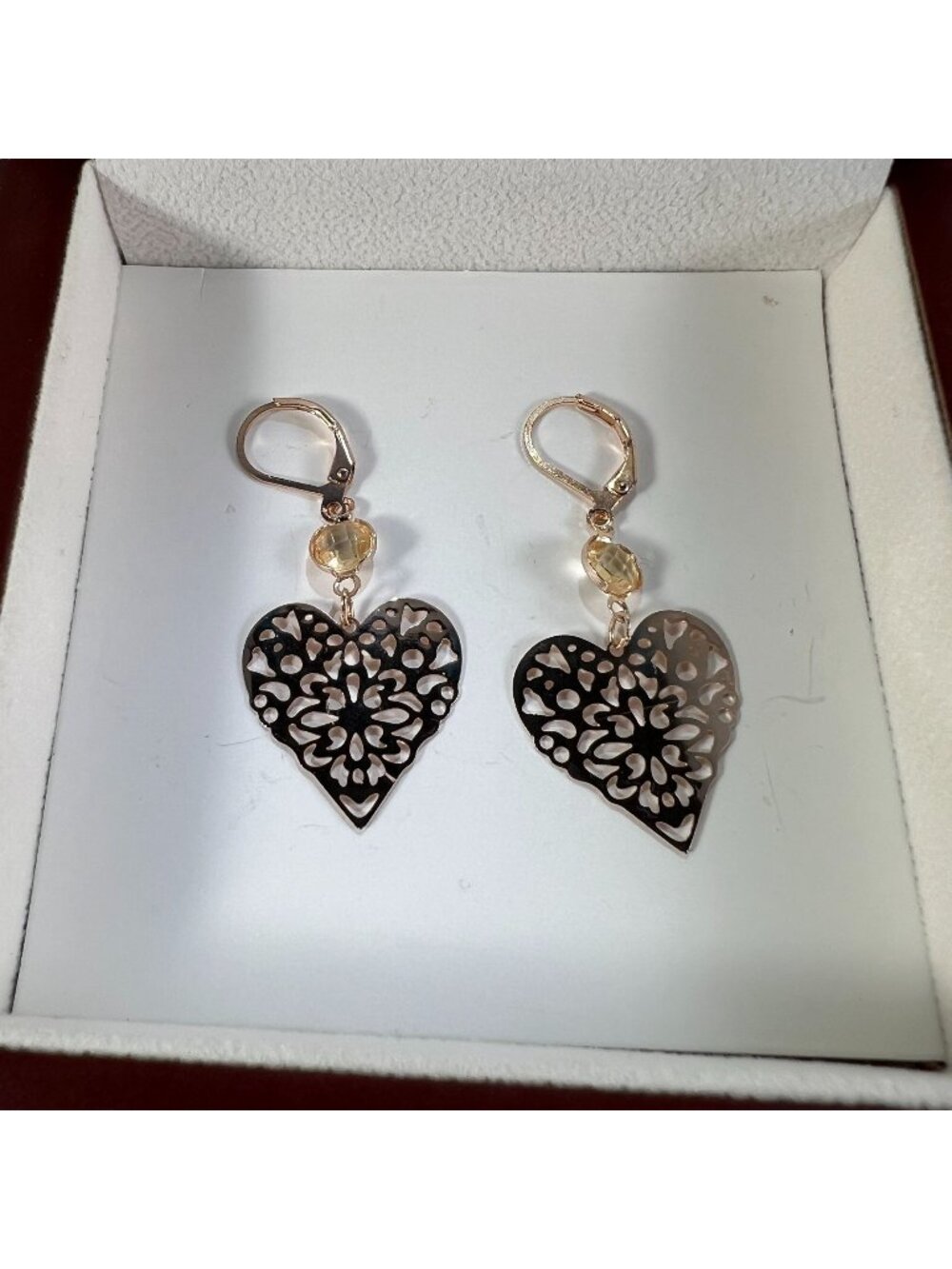 Gold-Tone Heart Dangle Earrings With Rhinestone Accent - Picture 1 of 2